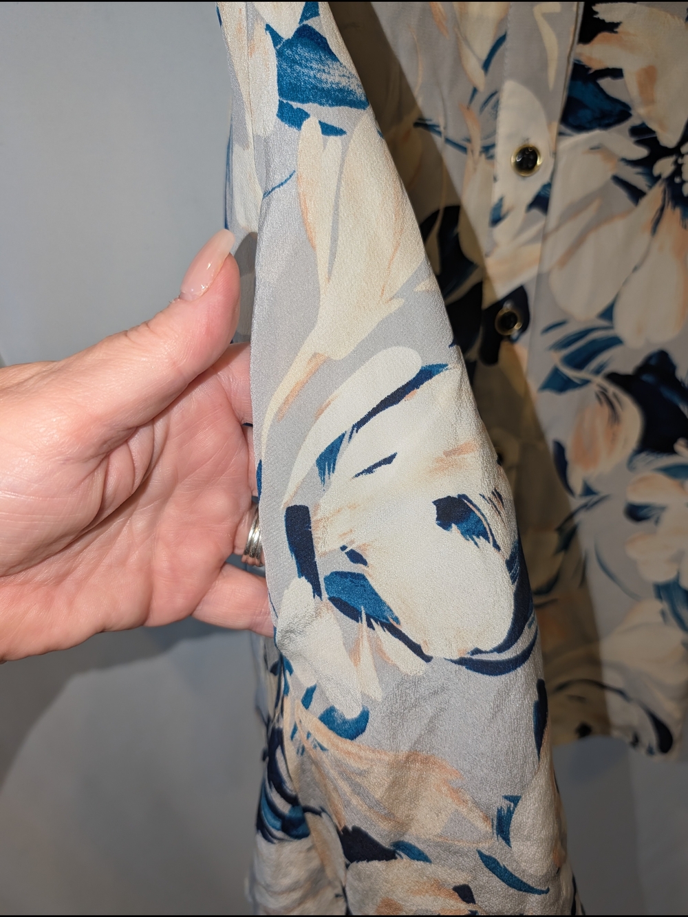 Yumi Kim Floral Silk Mini Button long sleeve shirt Dress Cream, Navy, Peach - Picture 4 of 8